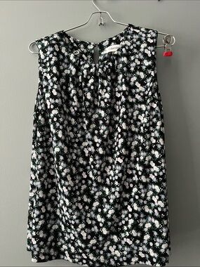 Calvin Klein Black White and Green Floral Tie-Neck Sleeveless Top